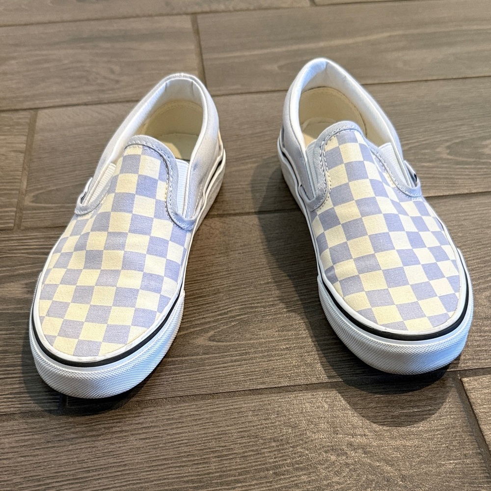 Vans Cream and Gray Checkered Slip-Ons